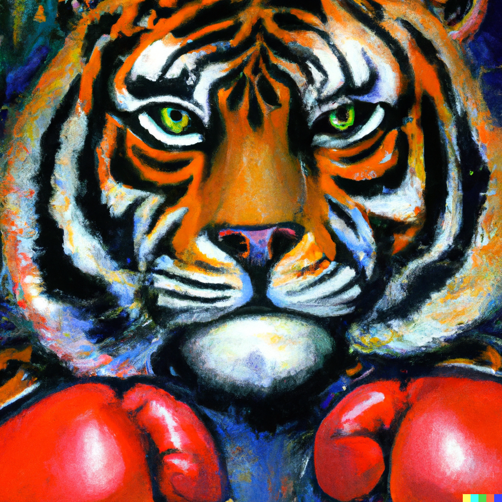 Digital artwork of a fierce tiger wearing boxing gloves, striking a pose similar to the iconic painting at the end of Rocky III