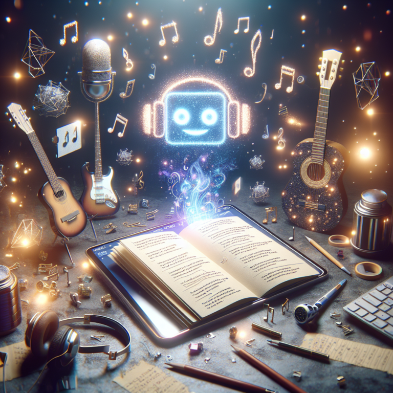 Digital workspace with glowing AI bot symbol and various musical elements including a guitar, bass, headphones, microphone, and an open notebook with lyrics, all surrounded by floating musical notes and soft, shimmering lights.