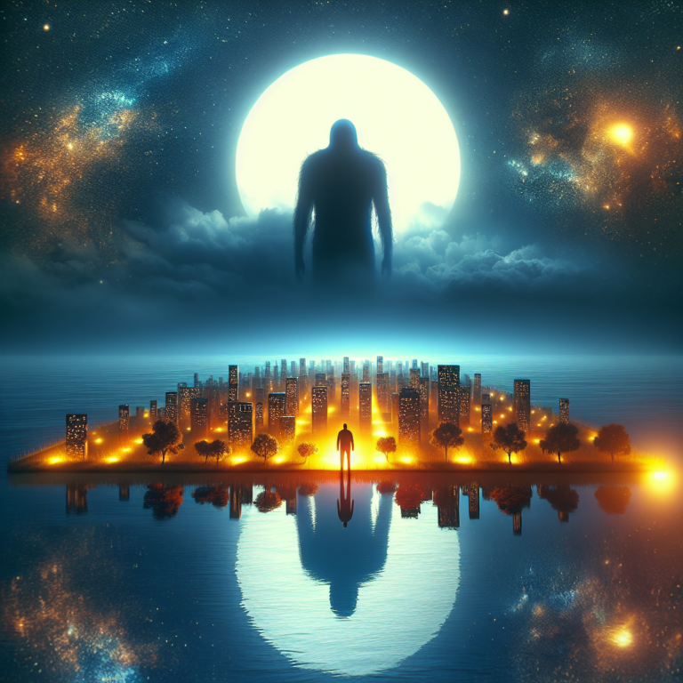 A surreal digital artwork depicting a shadowy giant overlooking a glowing cityscape at night, with a large moon and starry sky in the background.